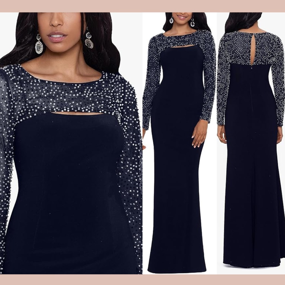 NWT Betsy Adam [ 6 ] Haisley Jersey Knit Faux Shrug Beaded Gown Navy Blue #S2033